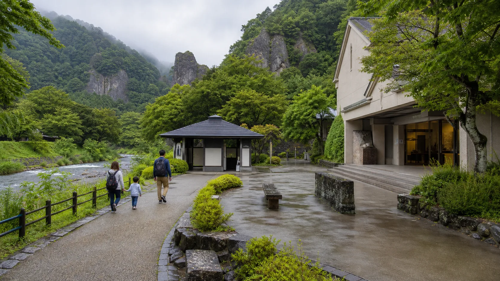 川沿いの散策路と屋内見学施設を組み合わせた写真調イメージ