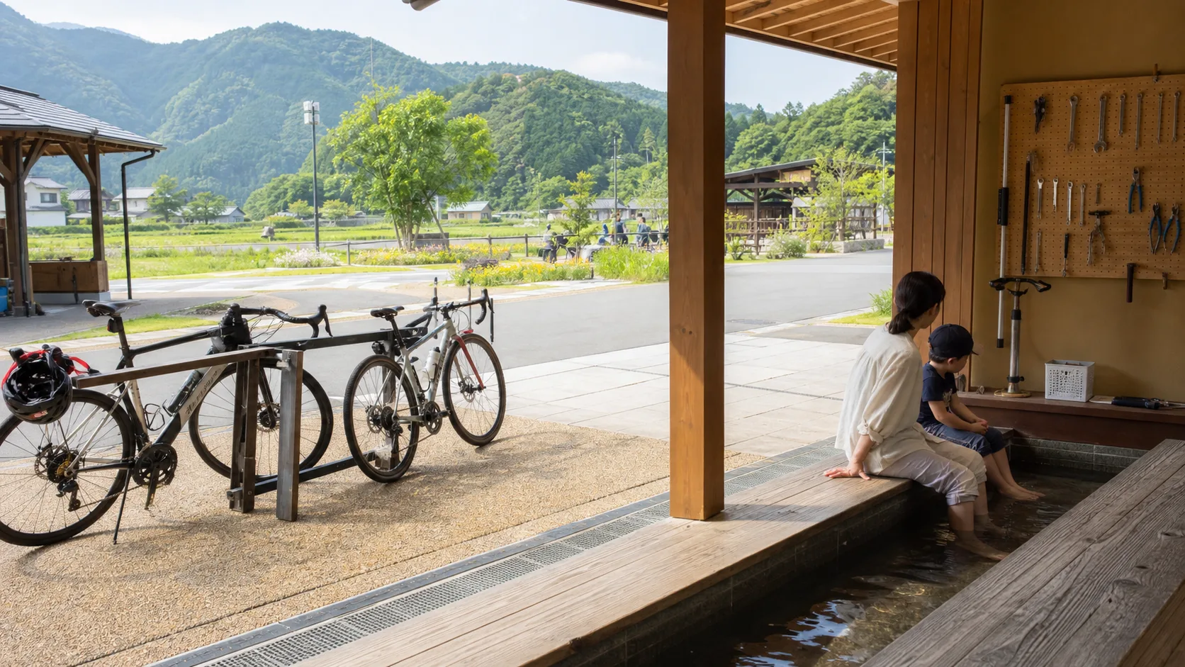サイクルパークおおのと足湯を思わせる写真調イメージ