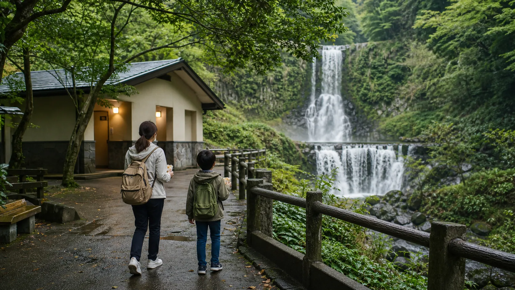 親子で滝の近くを短く歩く写真調イメージ