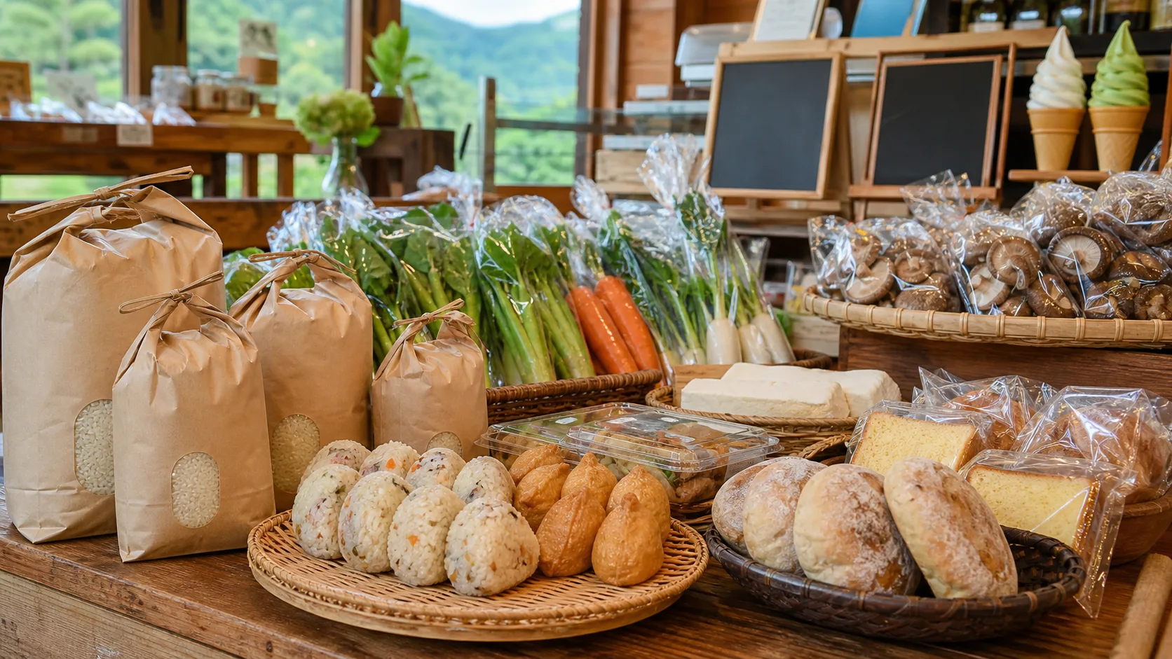 地元出荷者の食品が並ぶ催し日の写真調イメージ