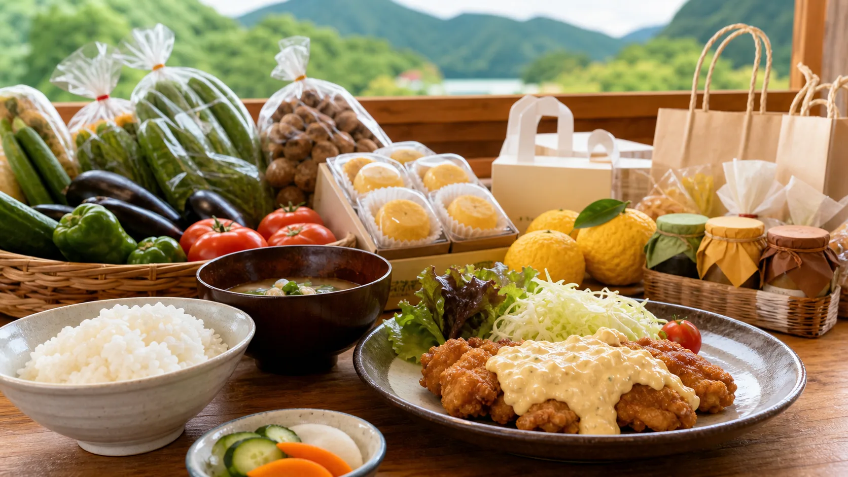 チキン南蛮、地元野菜、柚子菓子など高千穂の食と買い物を表すイメージ写真