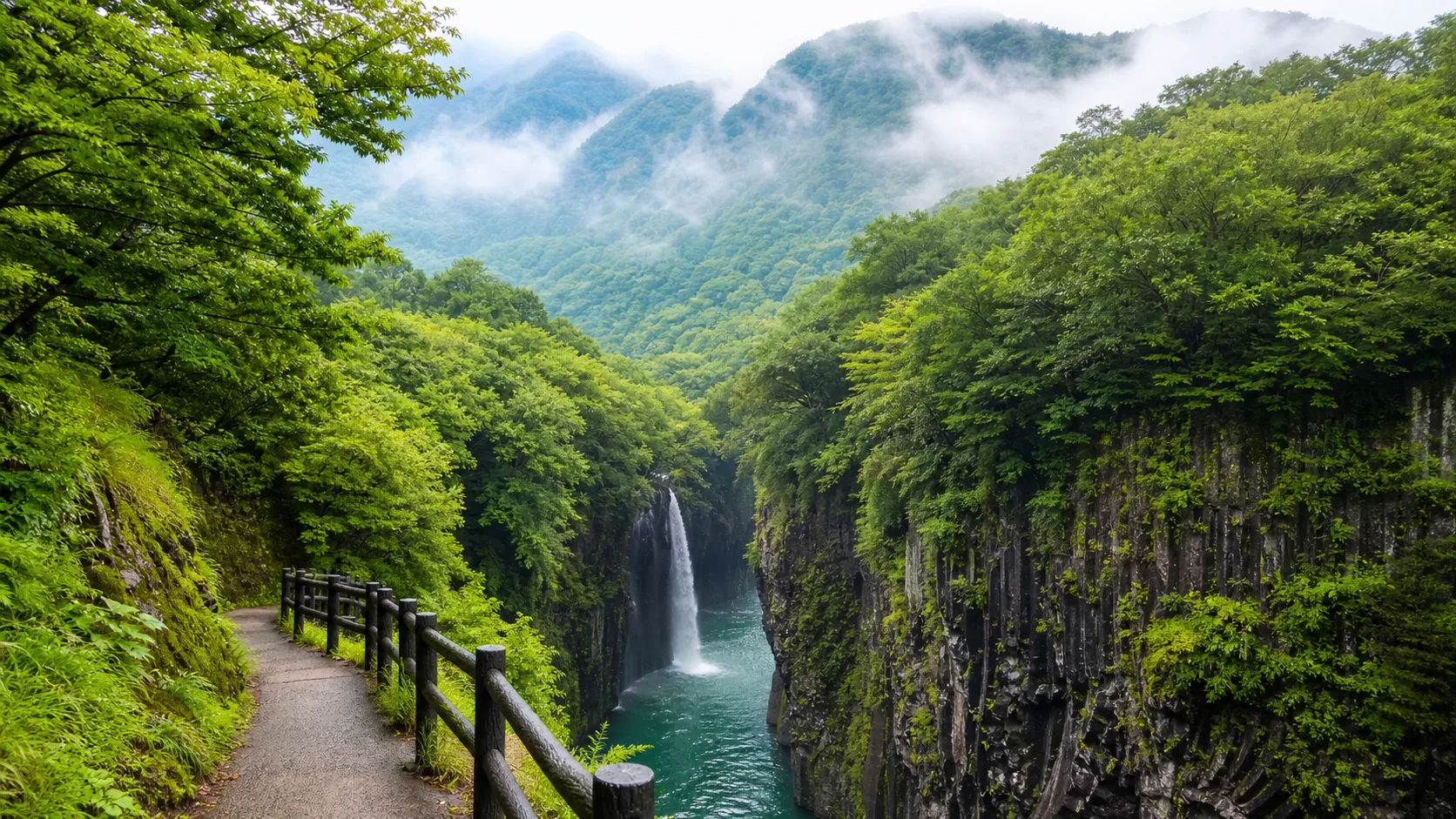 高千穂峡の峡谷、滝、山の霧をめぐる周辺観光のイメージ写真