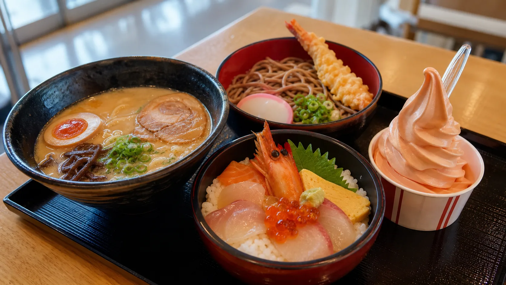フードコートの麺類、海鮮丼、甘味をイメージした写真調の食事風景