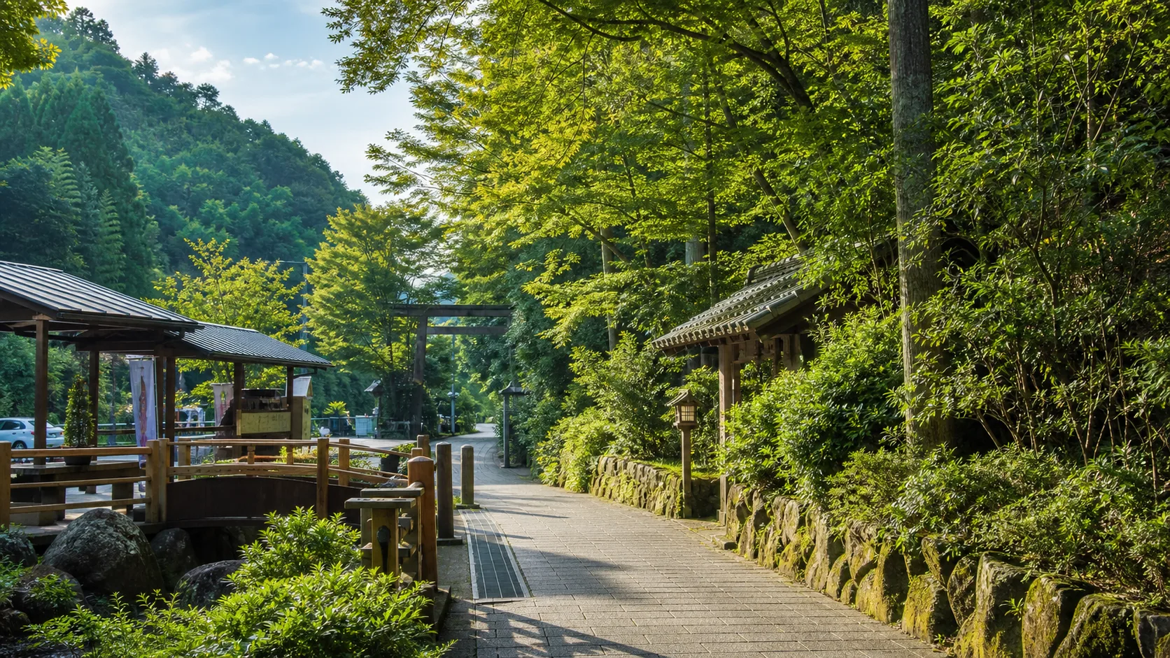 道の駅から神社へ歩く短い散策をイメージした写真調の風景