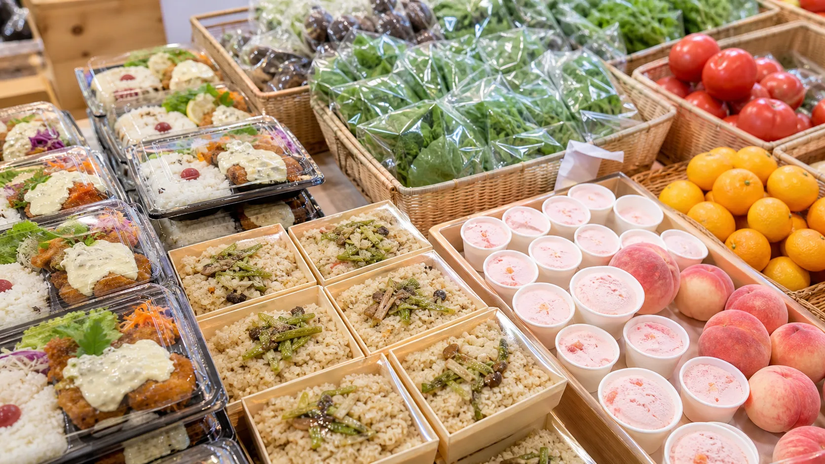 弁当、野菜、果物、桃アイスが並ぶ直売所のイメージ写真