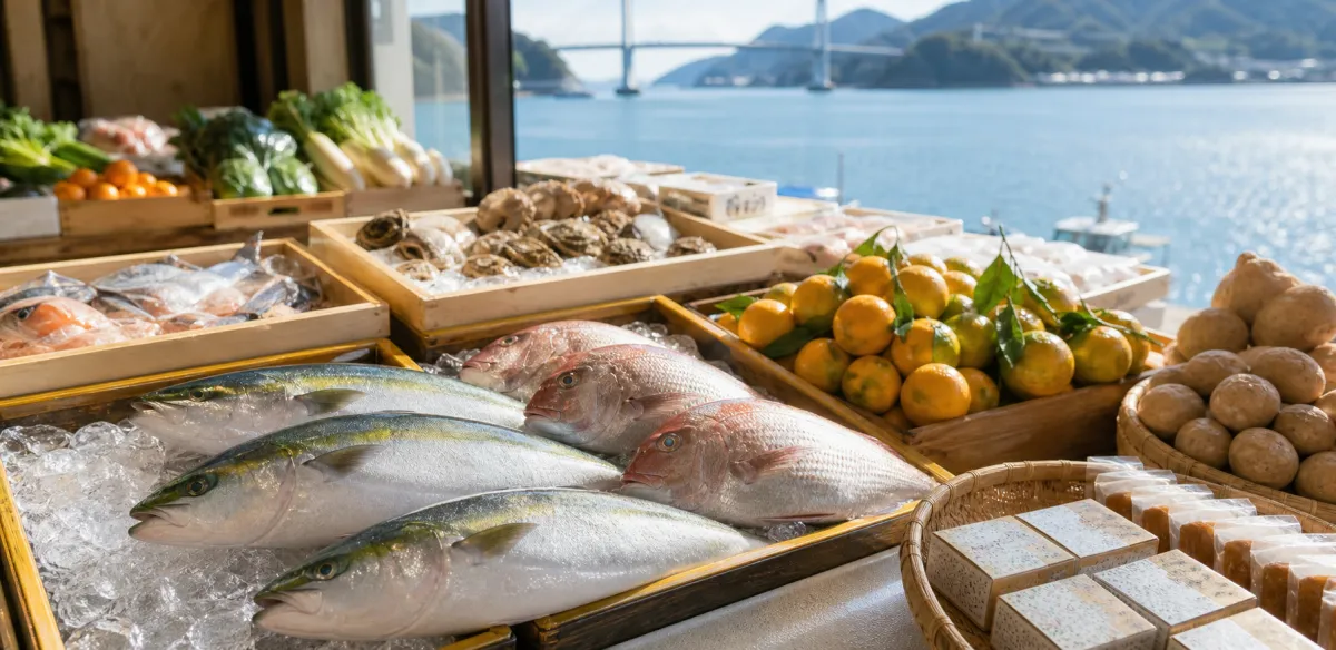 長島の魚と農産物を選ぶ写真調イメージ