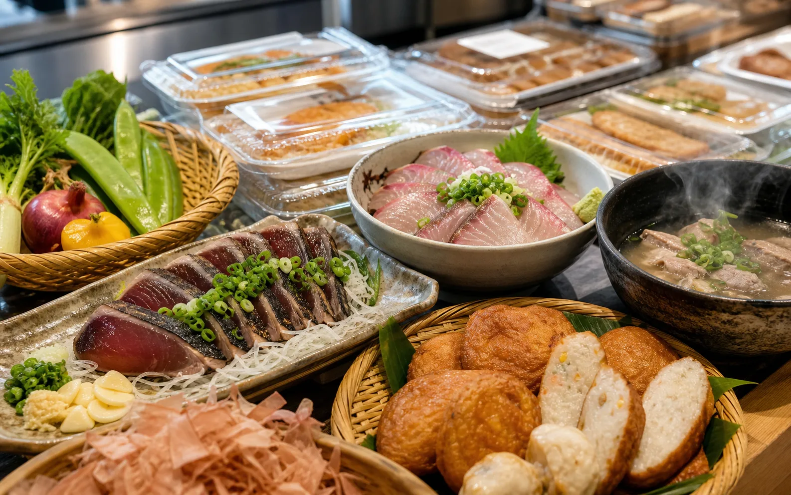 カツオ、カンパチ、さつま揚げを並べた港町の食事イメージ
