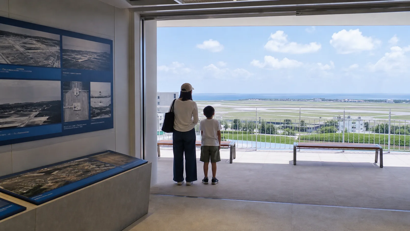 道の駅かでなの学習展示室と展望所を親子で使う写真調イメージ
